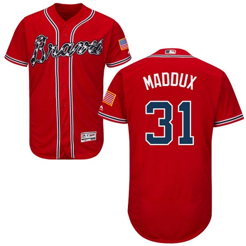 Braves #31 Greg Maddux Red Flexbase Authentic Collection Stitched MLB Jersey - Click Image to Close